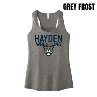 Hayden Wildcats Wrestling mascot logo women's racerback tank in grey frost, flat lay