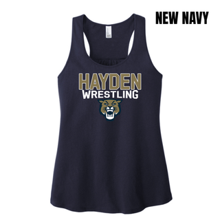 Hayden Wildcats Wrestling mascot logo women's racerback tank in new navy, flat lay