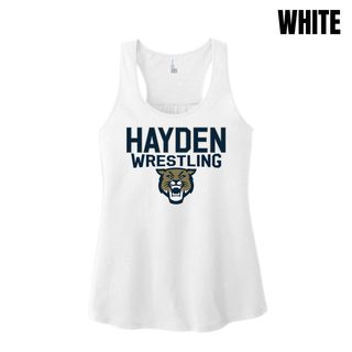 Hayden Wildcats Wrestling mascot logo women's racerback tank in white, flat lay