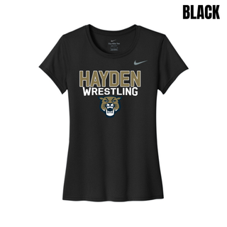 Hayden Wildcats Wrestling women's rLegend tee in black, flat lay, with gold and white Hayden Wrestling lettering and wildcat mascot head logo on the chest