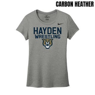 Hayden Wildcats Wrestling women's rLegend tee in carbon heather grey, flat lay, with navy Hayden Wrestling lettering and wildcat mascot head logo on the chest
