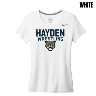 Hayden Wildcats Wrestling women's rLegend tee in white, flat lay, with navy and gold Hayden Wrestling lettering and wildcat mascot head logo on the chest
