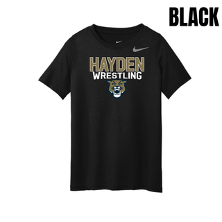 Hayden Wildcats Wrestling mascot logo youth rLegend tee in black, flat lay showing Hayden Wrestling lettering and wildcat graphic on the chest