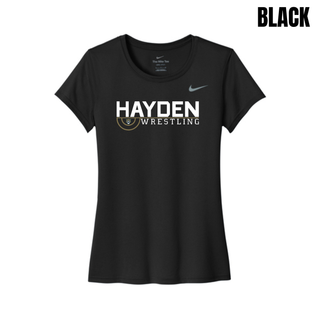 Black women's performance tee with the Hayden Wildcats Wrestling Mat Mark design.