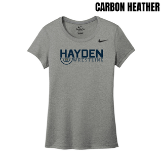 Carbon Heather women's performance tee with the Hayden Wildcats Wrestling Mat Mark design.