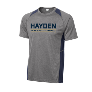 Contender Tee with heathered body, contrast side panels, and Hayden Wildcats Wrestling Matline design.