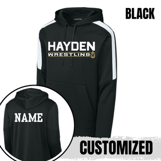 Black Hayden Wildcats Wrestling Matline Fan Favorite Hoodie with white shoulder panels and an example name printed on the back.