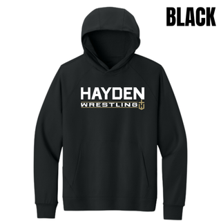 Black men's Dri-FIT Primary Hoodie with the Hayden Wildcats Wrestling Matline design across the chest.