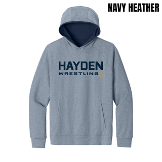 Navy Heather men's Dri-FIT Primary Hoodie with the Hayden Wildcats Wrestling Matline design across the chest.