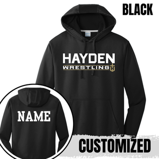 Hayden Wildcats Wrestling Matline design on a performance hoodie, with Hayden lettering, a Wrestling bar, and the Hayden Wildcats logo.