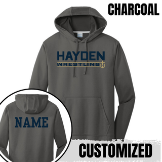 Hayden Wildcats Wrestling Matline design on a performance hoodie, with Hayden lettering, a Wrestling bar, and the Hayden Wildcats logo.