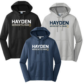 Hayden Wildcats Wrestling Matline design on a performance hoodie, with Hayden lettering, a Wrestling bar, and the Hayden Wildcats logo.