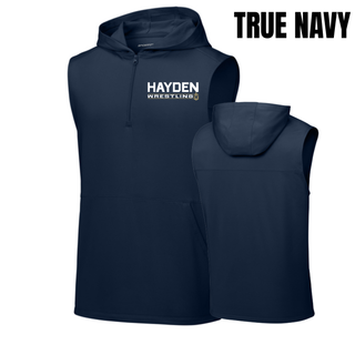 Hayden Wildcats Wrestling Matline graphic on a sleeveless hooded quarter-zip, shown in another product view.