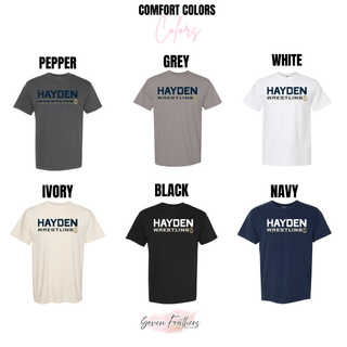 Hayden Wildcats Wrestling Matline design on a spirit-wear top, with bold Hayden lettering, a Wrestling bar, and the Hayden Wildcats logo.