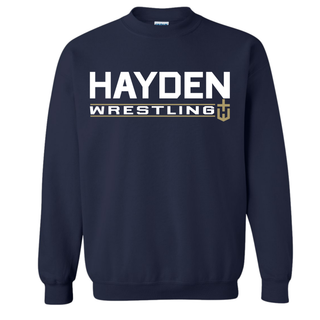 Navy crewneck sweatshirt featuring the Hayden Wildcats Wrestling Matline design: bold Hayden lettering, a Wrestling bar, and the Hayden Wildcats logo.
