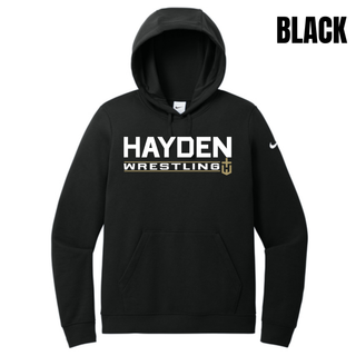 Black Women's Club Fleece Pullover Hoodie featuring the Hayden Wrestling Matline design in white and gold on the front.