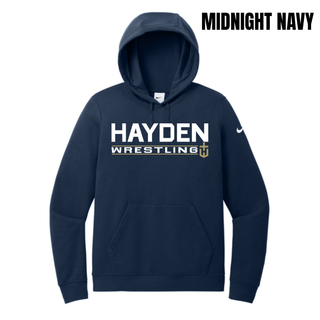 Midnight navy Women's Club Fleece Pullover Hoodie featuring the Hayden Wrestling Matline design in white and gold on the front.