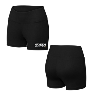 Black women's interval shorts with the Hayden Wildcats Wrestling Matline design printed on the leg.
