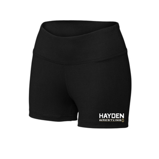 Black women's interval shorts with the Hayden Wildcats Wrestling Matline design printed on the leg.