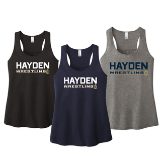 Women's Hayden Wildcats Wrestling Matline racerback tank shown in Black, New Navy, and Grey Frost.