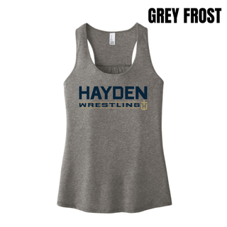 Women's racerback tank featuring the Hayden Wildcats Wrestling Matline design.