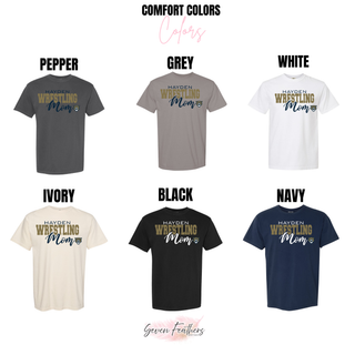 Comfort Colors T-shirt color chart featuring the Hayden Wildcats Wrestling Mom design in pepper, grey, white, ivory, black, and navy.