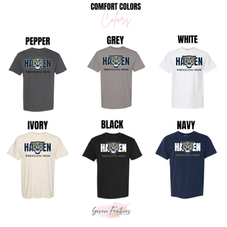 Comfort Colors shirt color options featuring the Hayden Wildcats Wrestling Mom design.