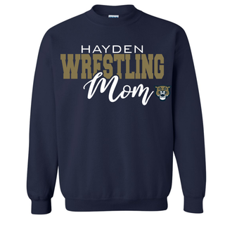 Navy Hayden Wildcats Wrestling Mom top featuring HAYDEN above gold WRESTLING, script Mom, and a Wildcats head.