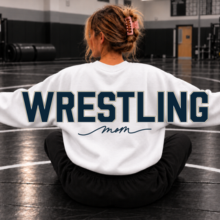 Back view of a white Gildan sweatshirt with oversized Wrestling lettering and Mom script.