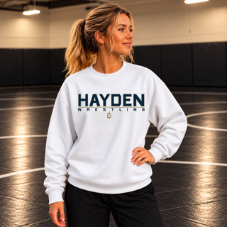Front view of a white Gildan sweatshirt with the Hayden Wildcats Wrestling design.