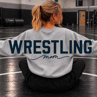 Back view of a Sport Grey Gildan sweatshirt with oversized Wrestling lettering and Mom script.