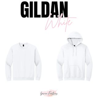 White Gildan crewneck sweatshirt and pullover hoodie style options.