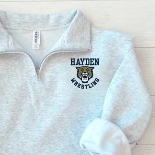 Hayden Wildcats Wrestling Original Logo Cadet Quarter-Zip close-up flat lay of the chest graphic on heather fabric