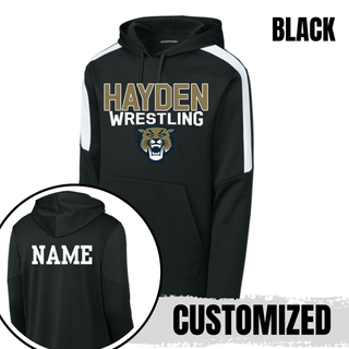 Black Fan Favorite pullover hoodie with gold Hayden Wrestling lettering and growling wildcat head graphic, shown with an optional custom name printed on the back.