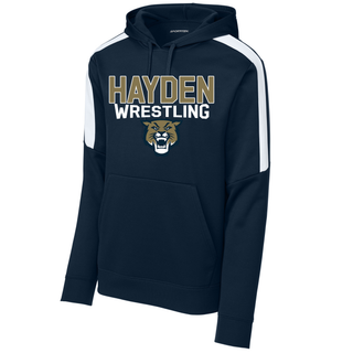 Navy Fan Favorite pullover hoodie with gold Hayden Wrestling lettering and growling wildcat head graphic on the front, flat lay.