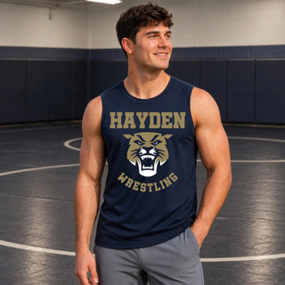 Hayden Wildcats Wrestling Original Logo Men's PosiCharge Competitor Tank in true navy, on-model front view in a wrestling gym
