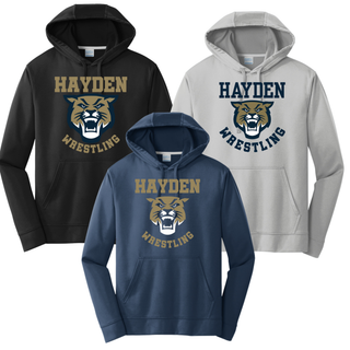Hayden Wildcats Wrestling Original Logo on performance hoodie, product mockup view 1.