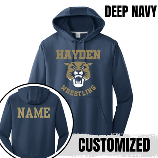 Hayden Wildcats Wrestling Original Logo on performance hoodie, product mockup view 2.