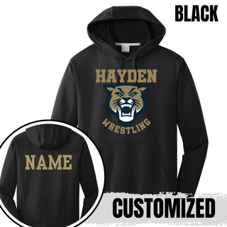 Hayden Wildcats Wrestling Original Logo on performance hoodie, product mockup view 3.
