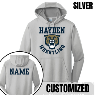 Hayden Wildcats Wrestling Original Logo on performance hoodie, product mockup view 4.