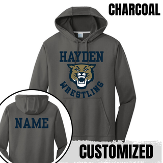 Hayden Wildcats Wrestling Original Logo on performance hoodie, product mockup view 5.