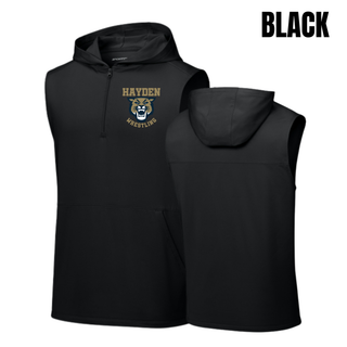 Hayden Wildcats Wrestling Original Logo sleeveless hooded quarter-zip in black, front and back flat lay