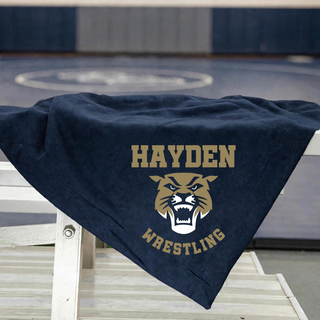 Hayden Wildcats Wrestling Original Logo stadium blanket in navy with gold Hayden lettering and wildcat mascot graphic, draped over bleachers in a gym