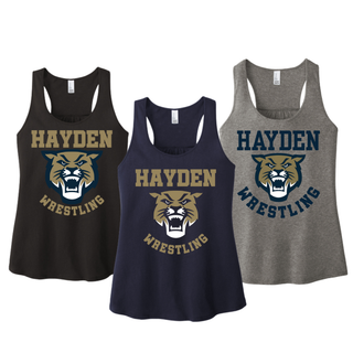Hayden Wildcats Wrestling Original Logo Women's Racerback Tank in black, new navy, and grey frost, flat lay group shot