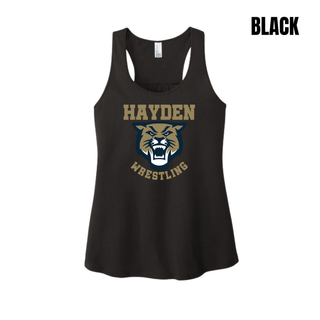 Hayden Wildcats Wrestling Original Logo Women's Racerback Tank in black, flat lay
