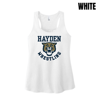 Hayden Wildcats Wrestling Original Logo Women's Racerback Tank in white, flat lay
