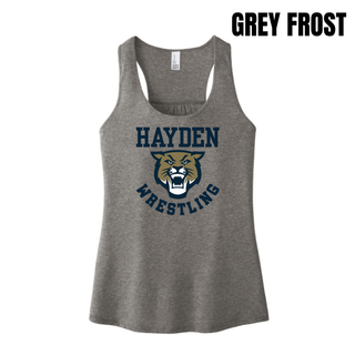Hayden Wildcats Wrestling Original Logo Women's Racerback Tank in grey frost, flat lay