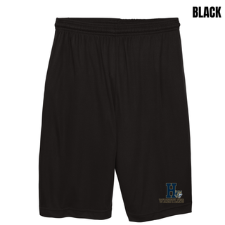 Hayden Wildcats Wrestling Pin Logo Cooling Shorts in black, flat lay with leg graphic detail
