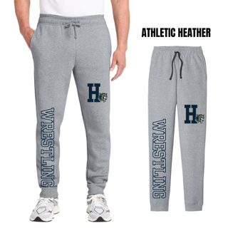 Hayden Wildcats Wrestling Pin Logo Core Fleece Joggers in athletic heather grey, on-model and flat lay detail of the leg graphic
