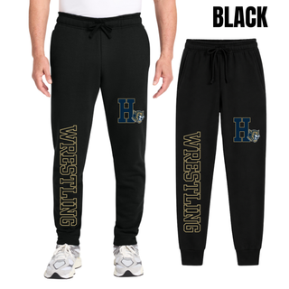 Hayden Wildcats Wrestling Pin Logo Core Fleece Joggers in black, on-model and flat lay detail of the leg graphic